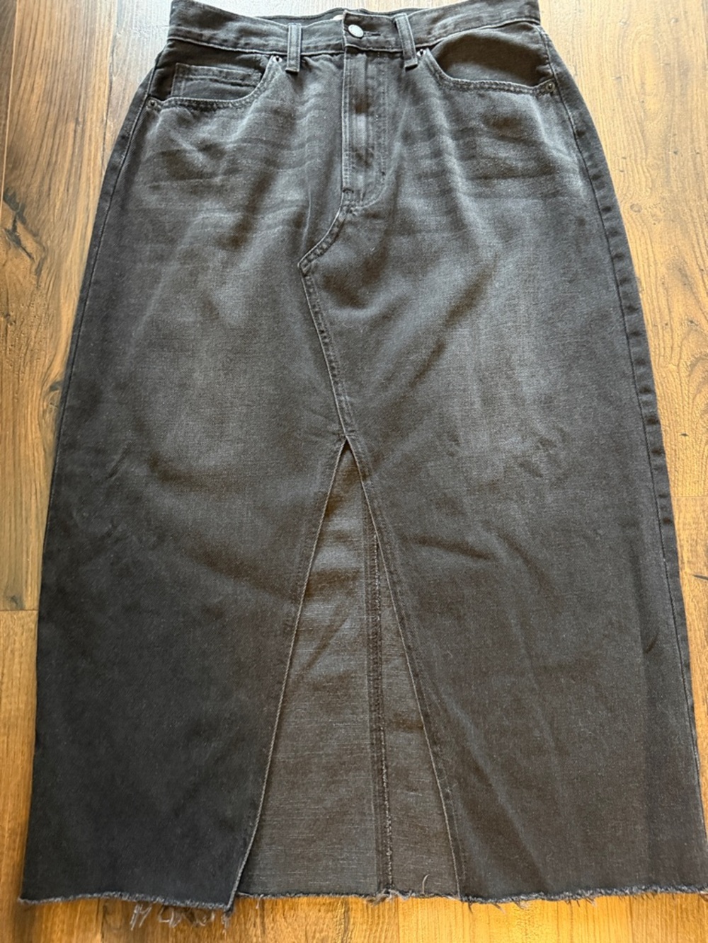 Black Denim Mid length Skirt with Front Slit